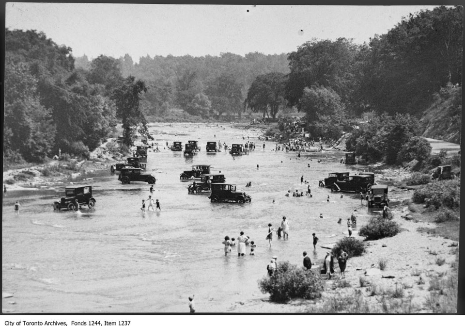 Bathers and cars in Humber River. - 1922