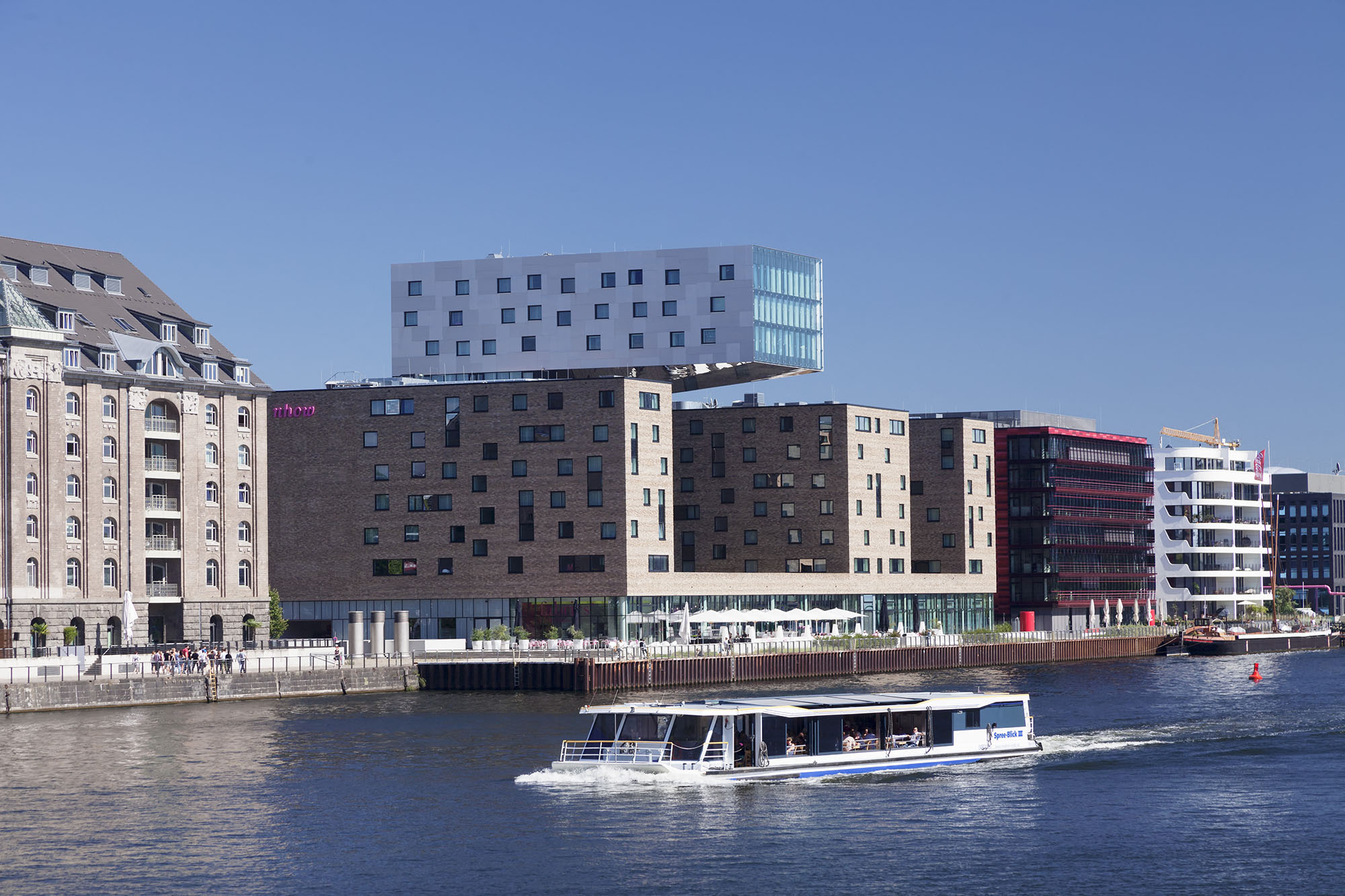 Modern Architecture at Spree River, excursion boat, Osthafen Port, Friedrichshain, Berlin, Germany