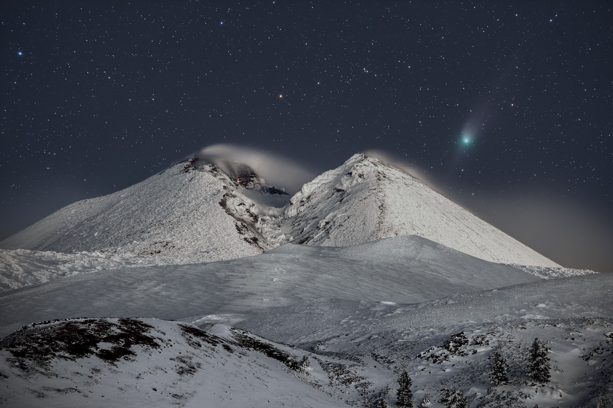 Comet 2022 E3 Above Snowy Mount Etna